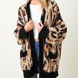 new ON BLUE ANIMAL LEOPARD PRINT CARDIGAN SWEATER BOHO fuzzy soft SM - XLG sexy